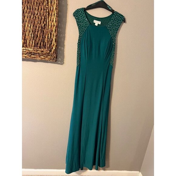 Jackie Jon Dress Emerald Green Silver 8 Stud Stretch Maxi Formal Party Event - Picture 8 of 11
